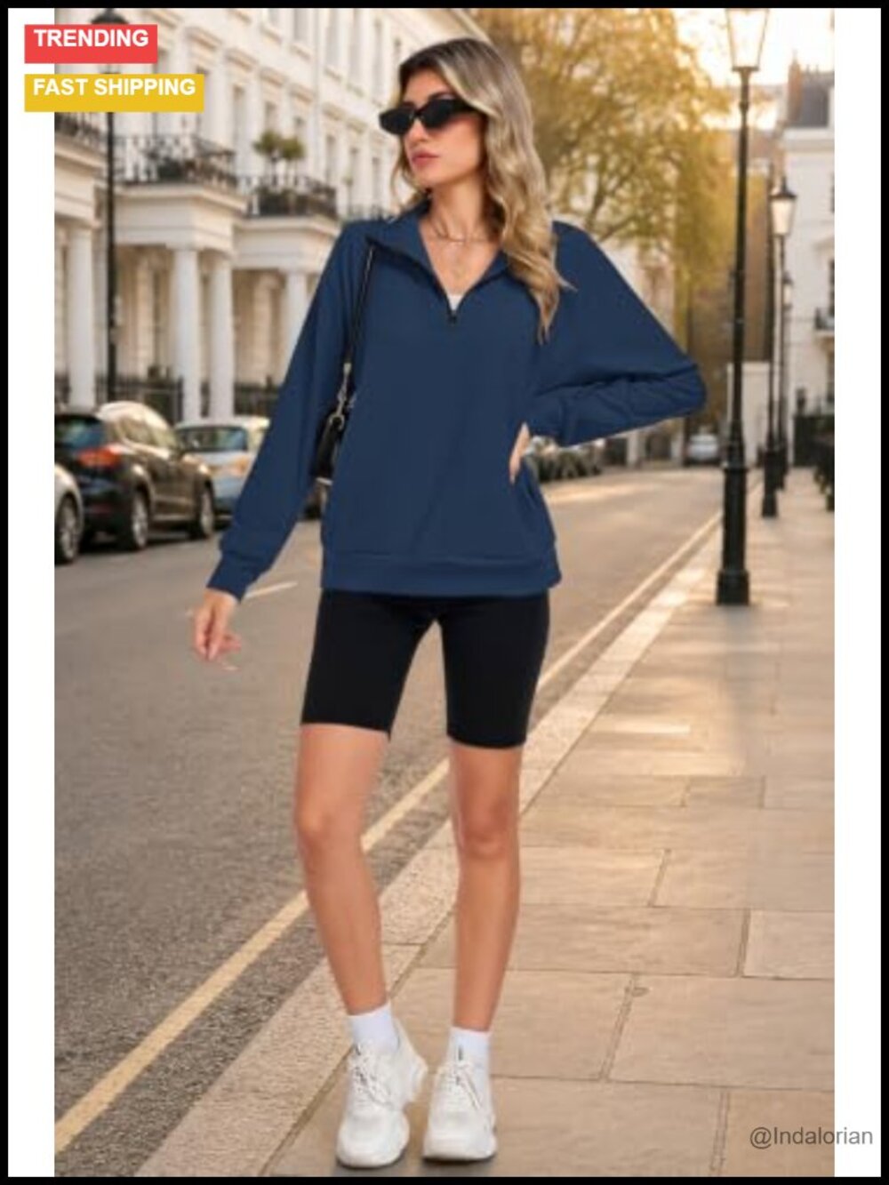 Quarter Zip Oversized Sweatshirt with Pockets Women Long Sleeve Half Zip - Picture 4 of 6